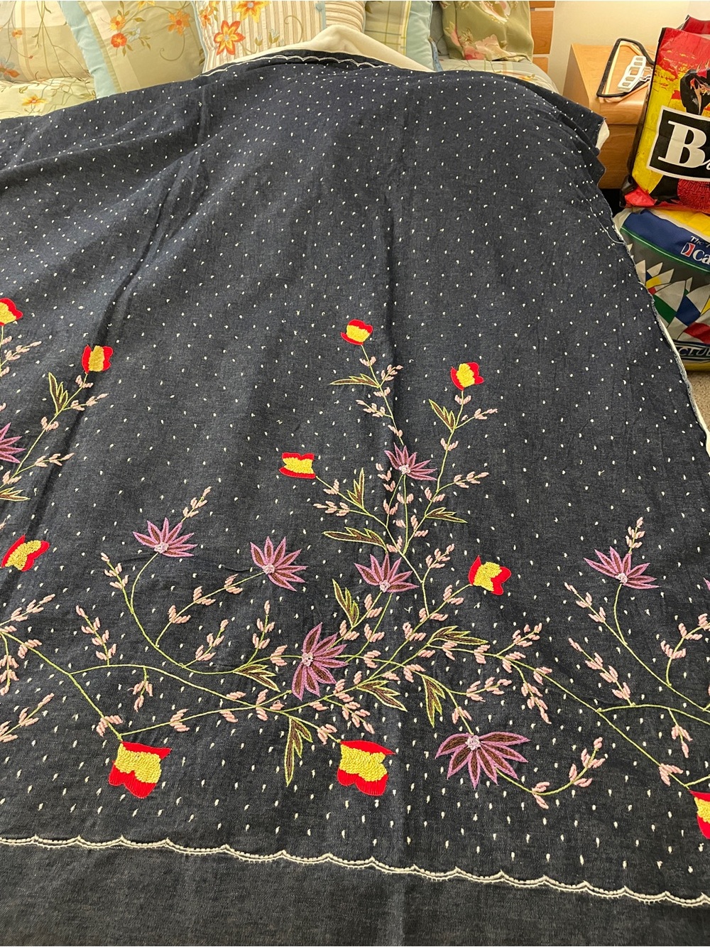 Light denim Fabric Embroidered Floral 55 inch wide 60 long purchased in Italy.